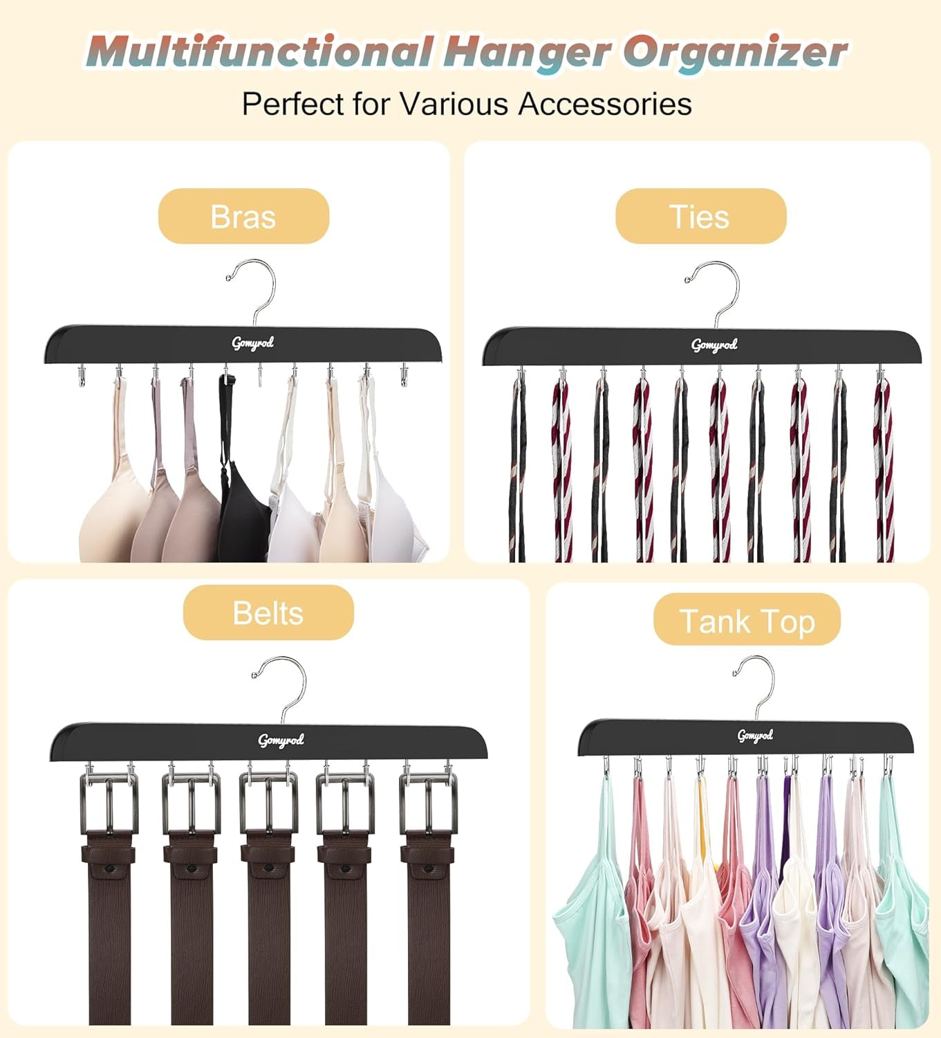 Bra Hanger for Closet, 2 Pack Tank Top Hangers W/20 Hooks Holds 40 Bras, Capacity Foldable Wood Space Saving Hanger, 360°Rotating Closet Organizers and Storage for Dorm & Apartment(Black)