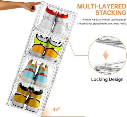 6 Pack Modern/Functional Transparent Plastic Shoe Storage Box, Shoe Organizer with Magnetic Door, Stackable, Fits up to US Size 12 (13.4" X 9.8" X 7.1")