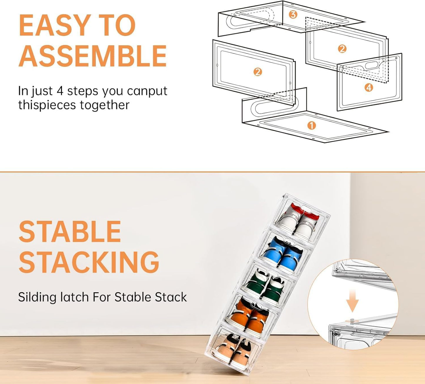 6 Pack Modern/Functional Transparent Plastic Shoe Storage Box, Shoe Organizer with Magnetic Door, Stackable, Fits up to US Size 12 (13.4" X 9.8" X 7.1")