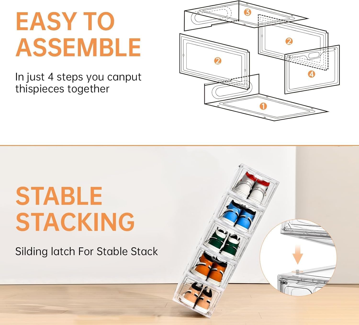 6 Pack Modern/Functional Transparent Plastic Shoe Storage Box, Shoe Organizer with Magnetic Door, Stackable, Fits up to US Size 12 (13.4" X 9.8" X 7.1")