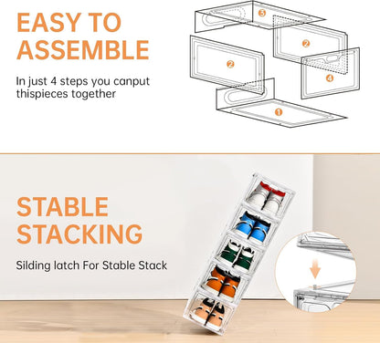 6 Pack Modern/Functional Transparent Plastic Shoe Storage Box, Shoe Organizer with Magnetic Door, Stackable, Fits up to US Size 12 (13.4" X 9.8" X 7.1")