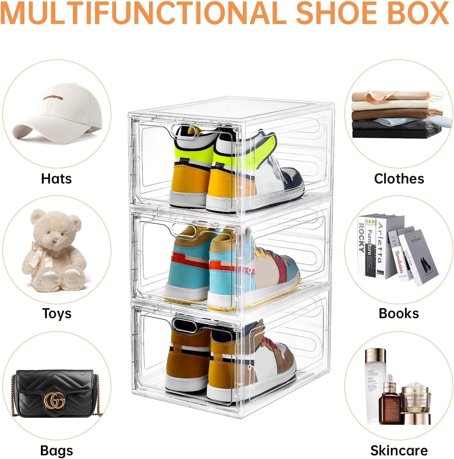6 Pack Modern/Functional Transparent Plastic Shoe Storage Box, Shoe Organizer with Magnetic Door, Stackable, Fits up to US Size 12 (13.4" X 9.8" X 7.1")