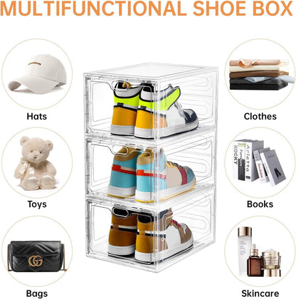 6 Pack Modern/Functional Transparent Plastic Shoe Storage Box, Shoe Organizer with Magnetic Door, Stackable, Fits up to US Size 12 (13.4" X 9.8" X 7.1")