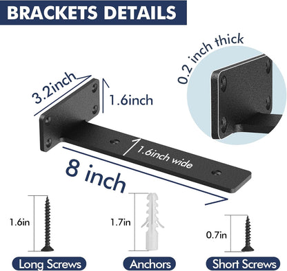 12 Pack Floating Shelf Brackets, 8 Inch Heavy Duty Industrial Shelf Bracket, Black Metal L Brackets for Shelves Support DIY(1/5 Inch Thicked)