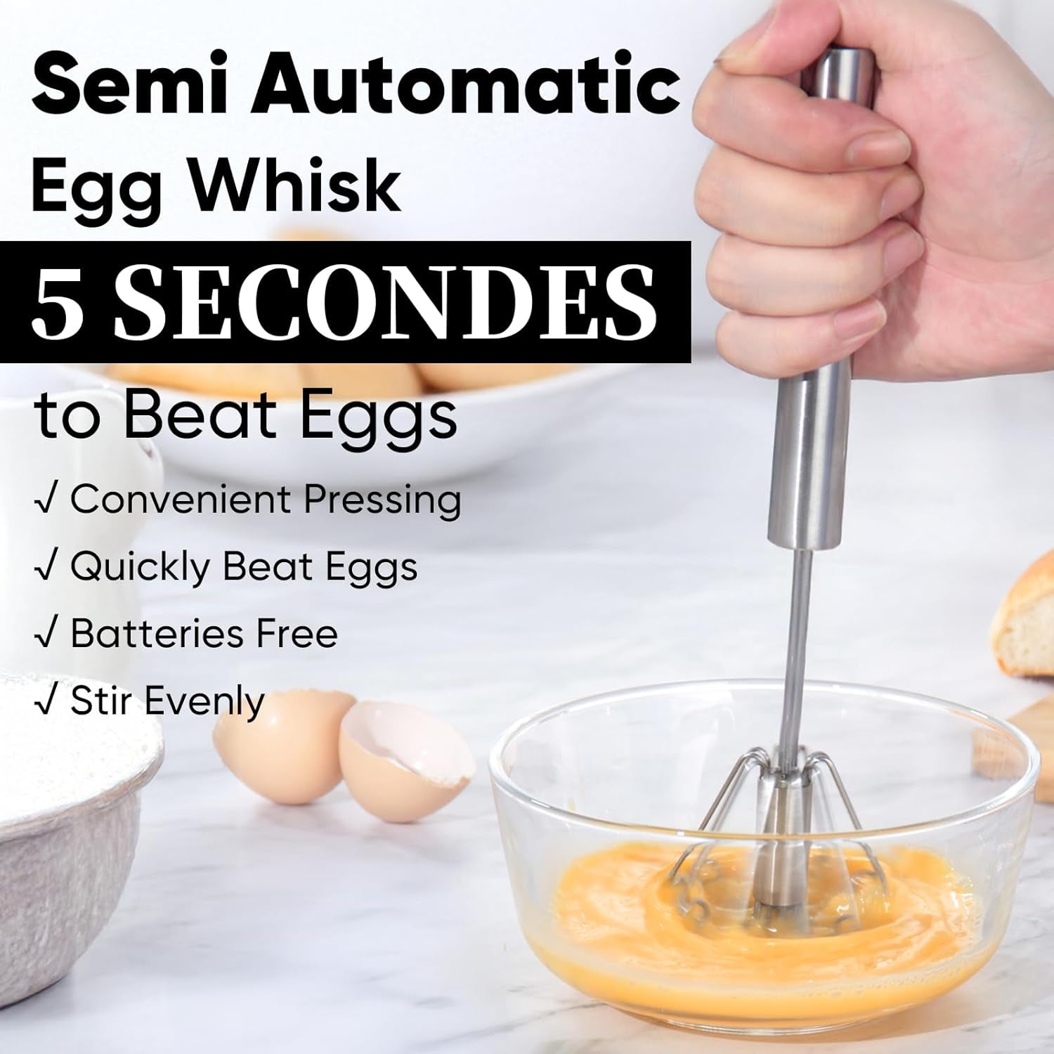 Stainless Steel Semi-Automatic Egg Whisk - Versatile Kitchen Tool for Blending, Whisking, Beating & Frothing