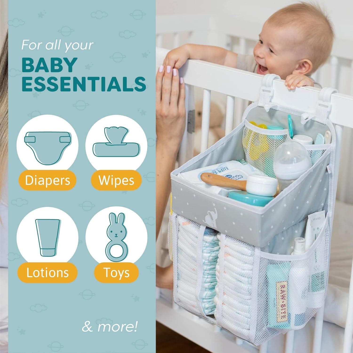 Stylish Hanging Changing Table Organizer - Multi-Compartment Nursery Storage Solution - Grey 43x23x23 cm