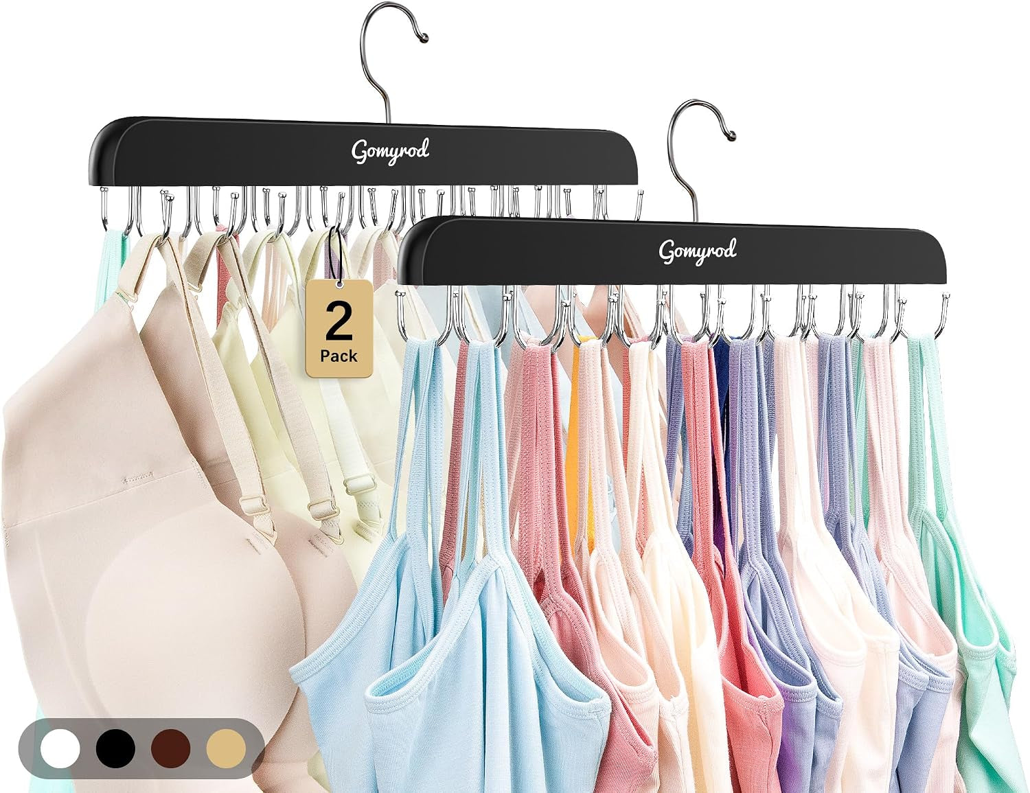 Bra Hanger for Closet, 2 Pack Tank Top Hangers W/20 Hooks Holds 40 Bras, Capacity Foldable Wood Space Saving Hanger, 360°Rotating Closet Organizers and Storage for Dorm & Apartment（Black）