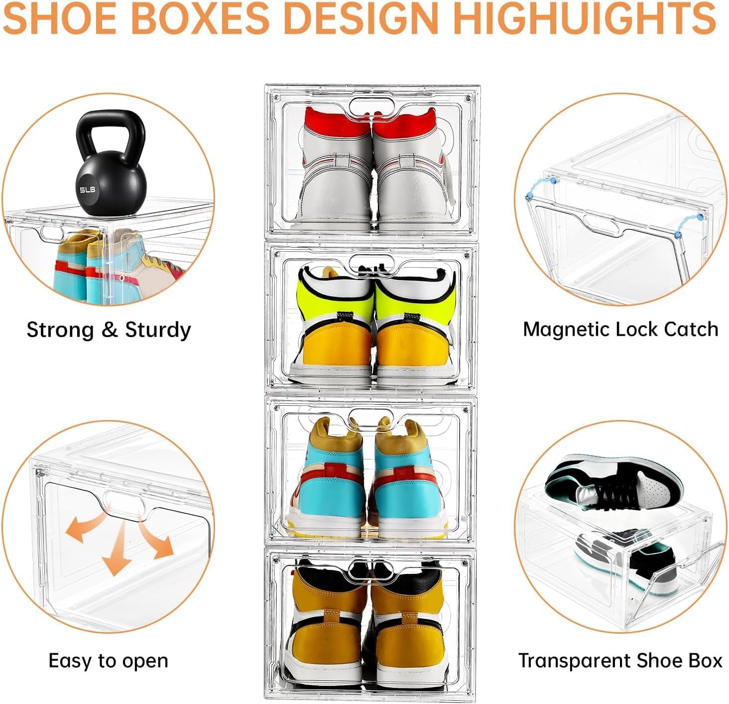 6 Pack Modern/Functional Transparent Plastic Shoe Storage Box, Shoe Organizer with Magnetic Door, Stackable, Fits up to US Size 12 (13.4" X 9.8" X 7.1")