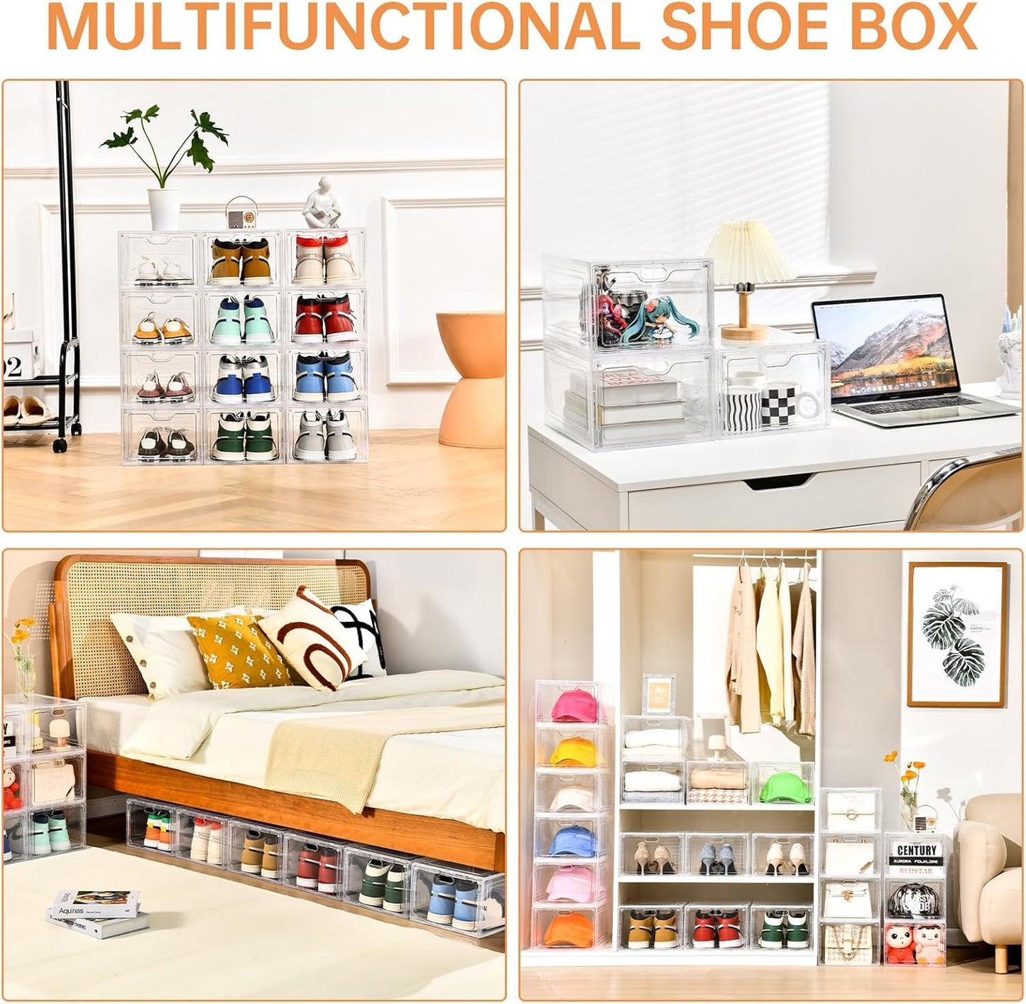 6 Pack Modern/Functional Transparent Plastic Shoe Storage Box, Shoe Organizer with Magnetic Door, Stackable, Fits up to US Size 12 (13.4" X 9.8" X 7.1")