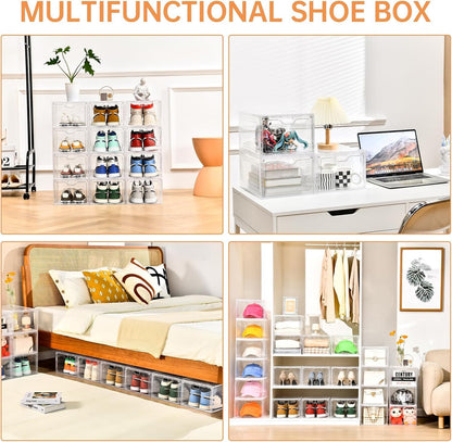 6 Pack Modern/Functional Transparent Plastic Shoe Storage Box, Shoe Organizer with Magnetic Door, Stackable, Fits up to US Size 12 (13.4" X 9.8" X 7.1")