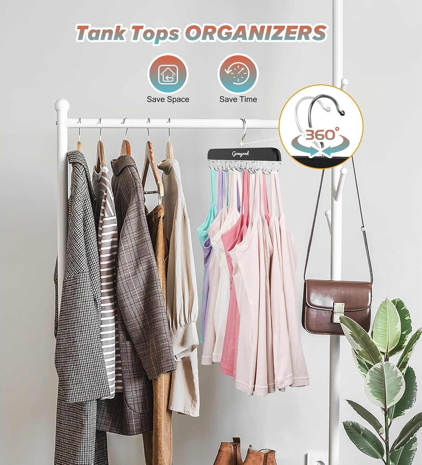Bra Hanger for Closet, 2 Pack Tank Top Hangers W/20 Hooks Holds 40 Bras, Capacity Foldable Wood Space Saving Hanger, 360°Rotating Closet Organizers and Storage for Dorm & Apartment（Black）