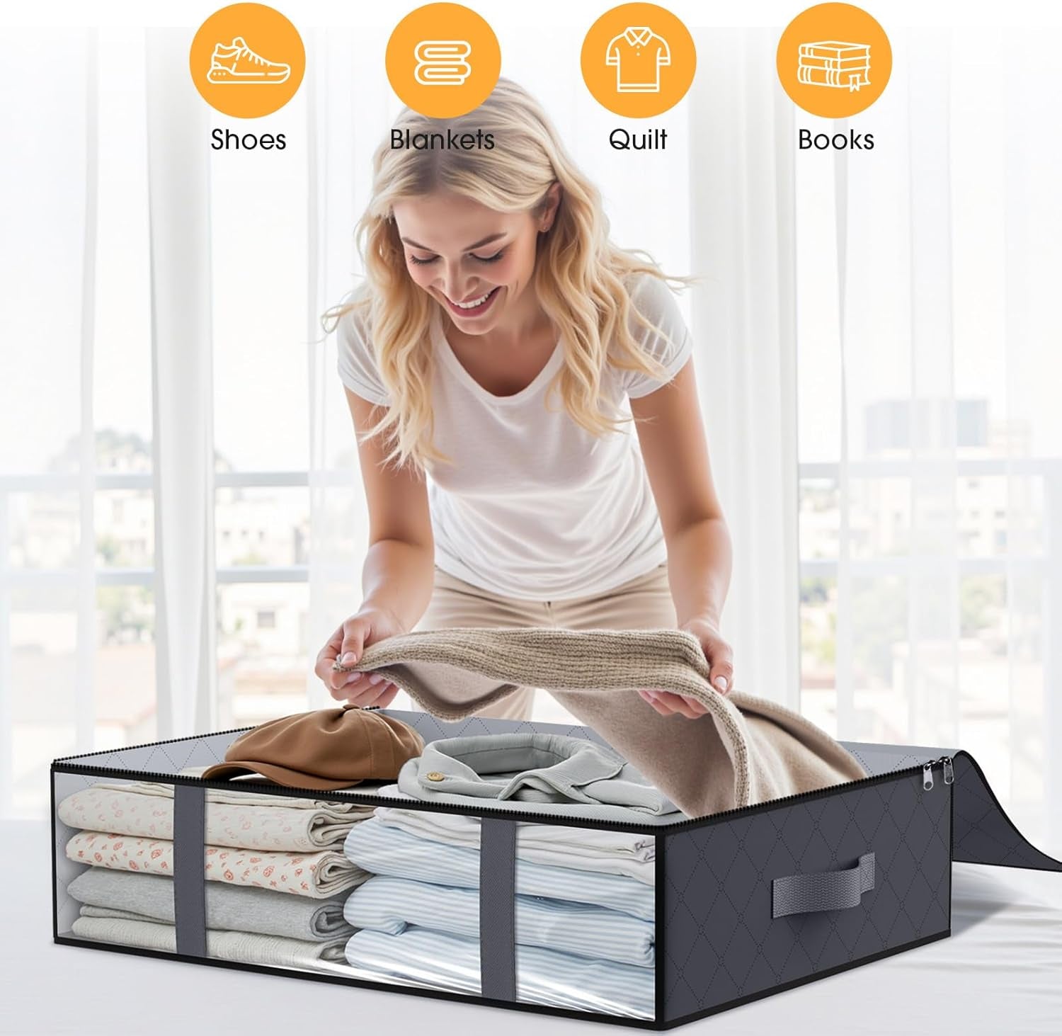Foldable Blanket & Comforter Storage Bags, under Bed Organizer Containers for Clothing, Bedroom, Closet & Dorm, 2-Pack Grey