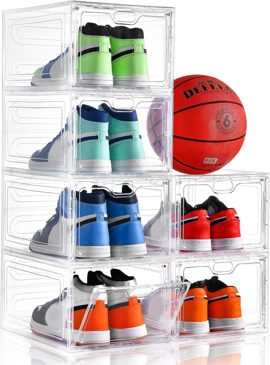 6 Pack Modern/Functional Transparent Plastic Shoe Storage Box, Shoe Organizer with Magnetic Door, Stackable, Fits up to US Size 12 (13.4" X 9.8" X 7.1")