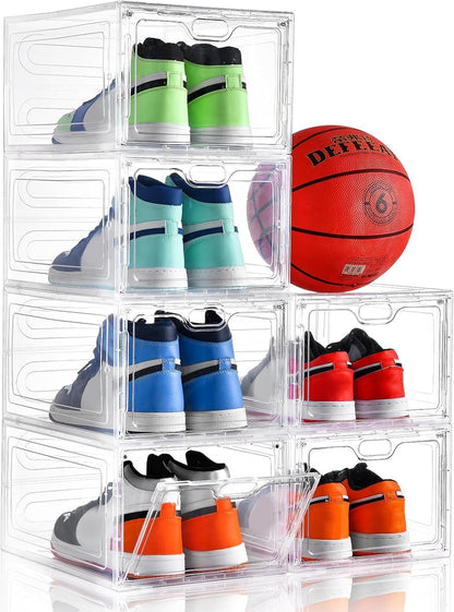 6 Pack Modern/Functional Transparent Plastic Shoe Storage Box, Shoe Organizer with Magnetic Door, Stackable, Fits up to US Size 12 (13.4" X 9.8" X 7.1")