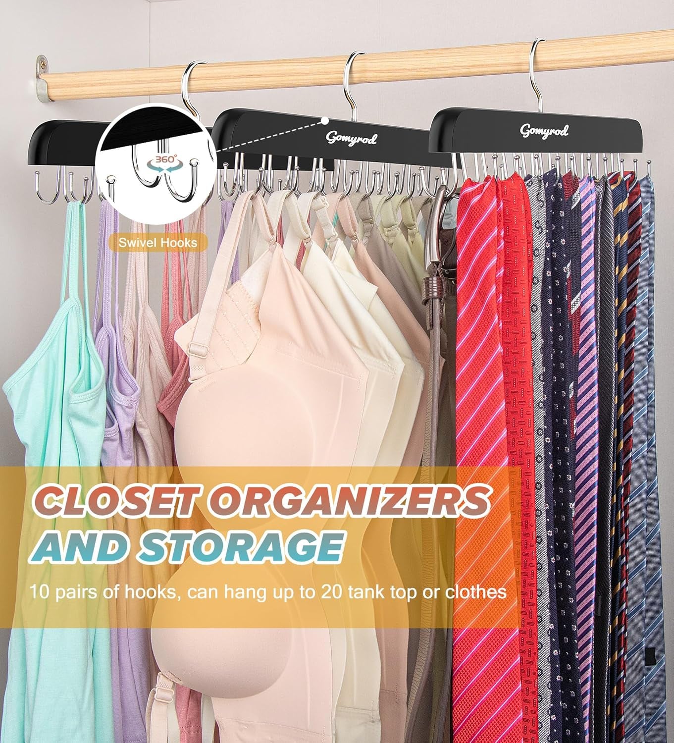 Bra Hanger for Closet, 2 Pack Tank Top Hangers W/20 Hooks Holds 40 Bras, Capacity Foldable Wood Space Saving Hanger, 360°Rotating Closet Organizers and Storage for Dorm & Apartment（Black）