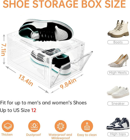 6 Pack Modern/Functional Transparent Plastic Shoe Storage Box, Shoe Organizer with Magnetic Door, Stackable, Fits up to US Size 12 (13.4" X 9.8" X 7.1")