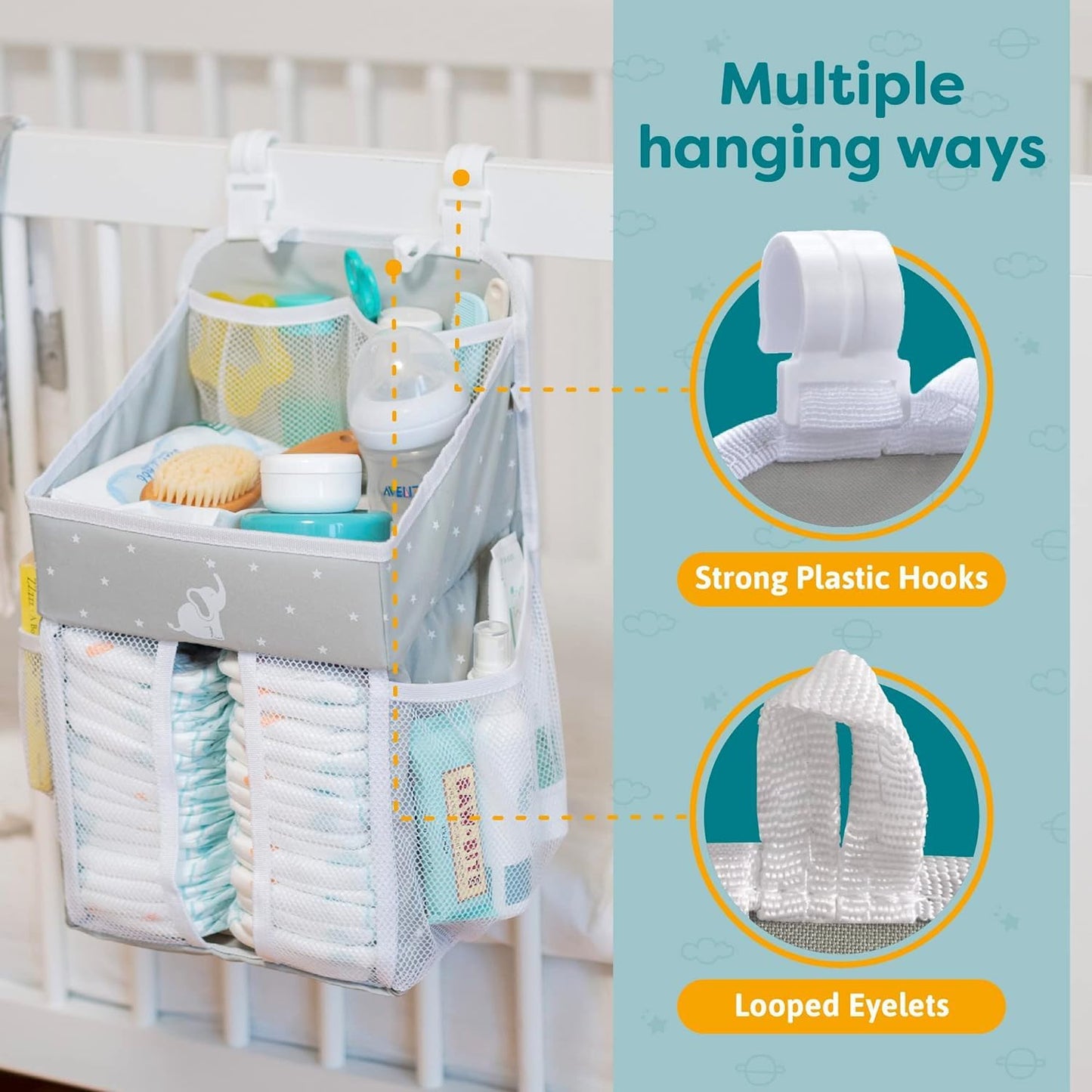 Stylish Hanging Changing Table Organizer - Multi-Compartment Nursery Storage Solution - Grey 43x23x23 cm